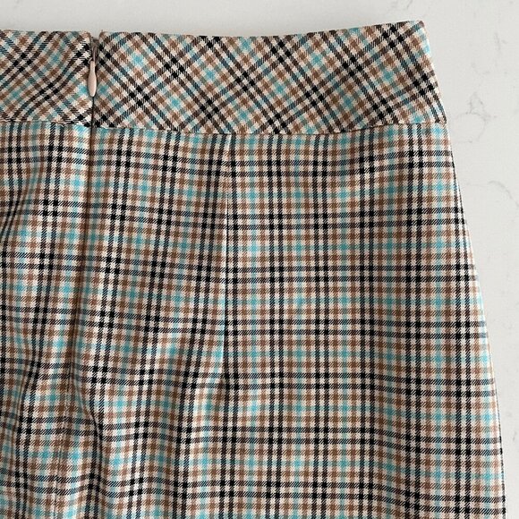 RW&CO. Stretch Lining Plaid Mini Skirt w Front Slit Turquoise Blue Blk Tan Sz 2 - Picture 4 of 10